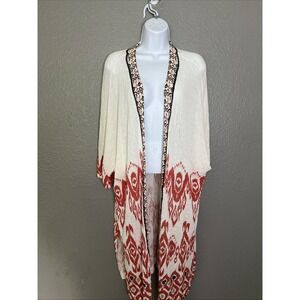 Chico's Light Cardigan Long SZ L Transitional Ivory Red Cotton‎ Design Gauzey